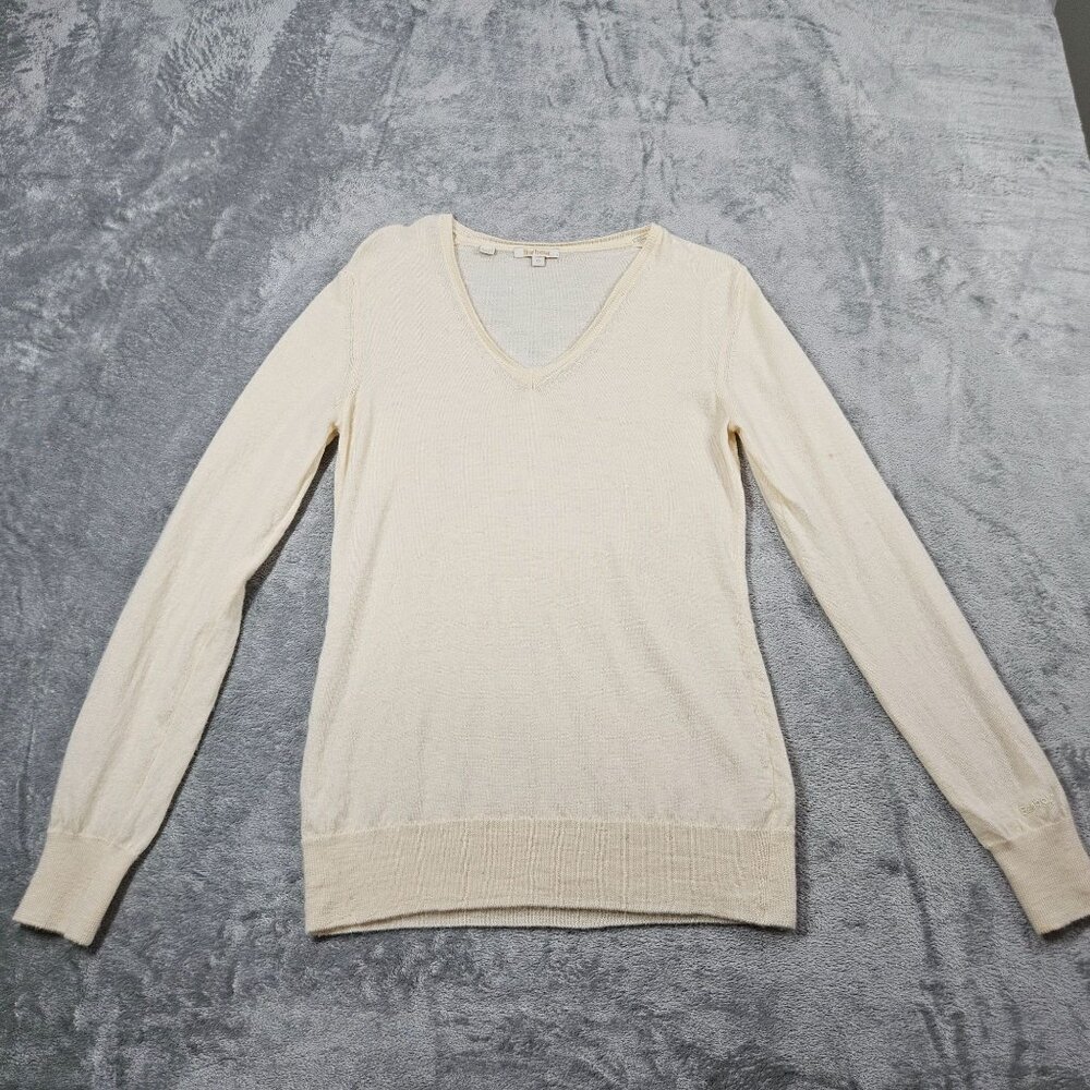 Barbour Sweater Womens 12 Ivory V Neck Fitted Wool Blend Pullover READ